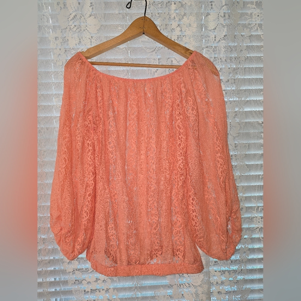 Coral Lace Sheer Womens Blouse, Medium